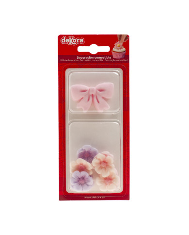 230073 - DECORAÇÃO AÇÚCAR LAÇOS ROSA COM  FLORES