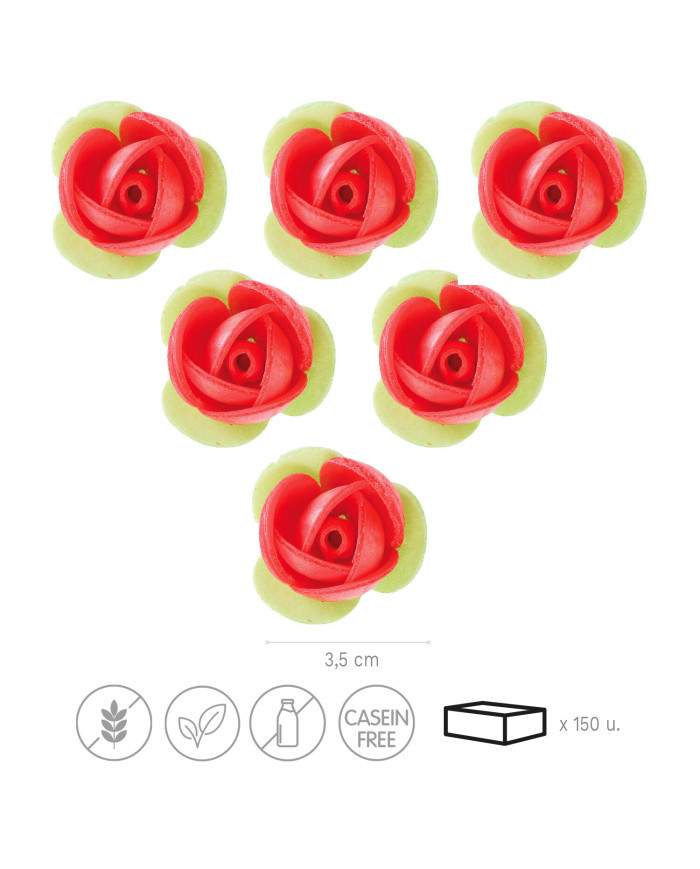 ROSA EM OBREIA VERMELHA COM FOLHA VERDE 3,5 CM (140 UNID)