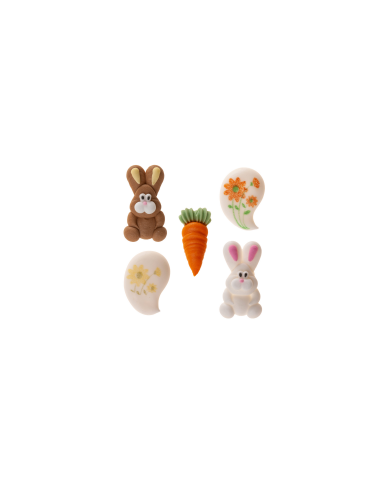DECORAÇÃO AÇÚCAR CONJ. COELHOS, CENOURA E FLORES PÁSCOA  (48 UNID)- 205202