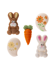 DECORAÇÃO AÇÚCAR CONJ. COELHOS, CENOURA E FLORES PÁSCOA  (48 UNID)- 205202